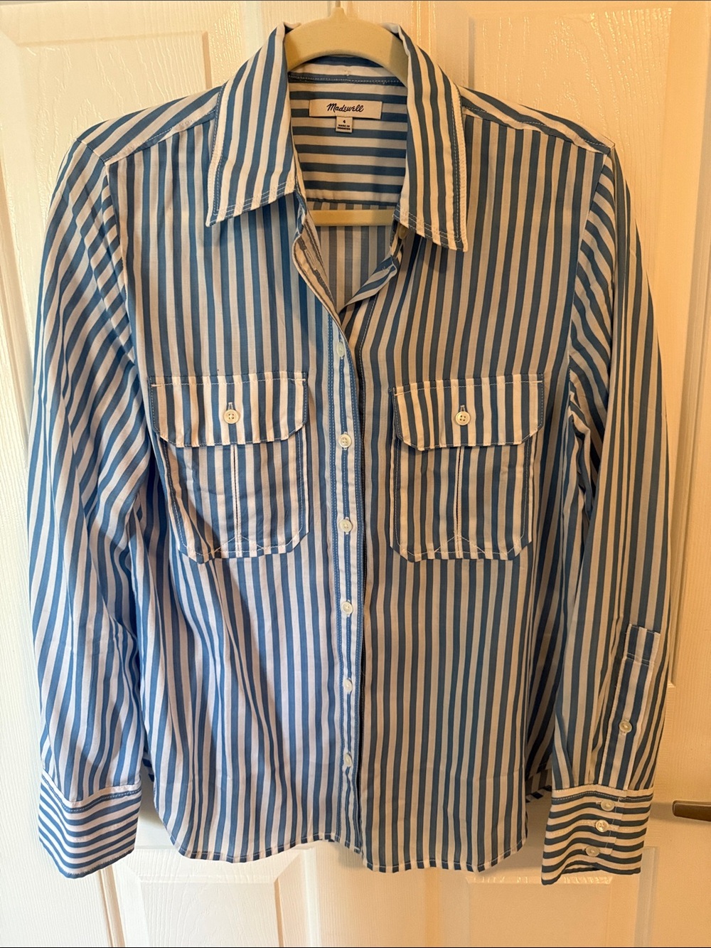 Madewell Blue and White Vertical Stripe Cotton Button-Down Shirt